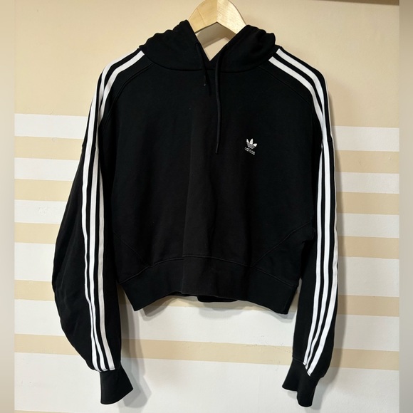 adidas Originals Womens Adicolor Classics Cropped Hoodie Black 3-Stripes - Picture 4 of 12